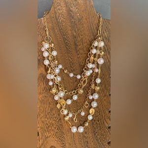 Gold color & faux pearl waterfall multi strand necklace 22” adjustable